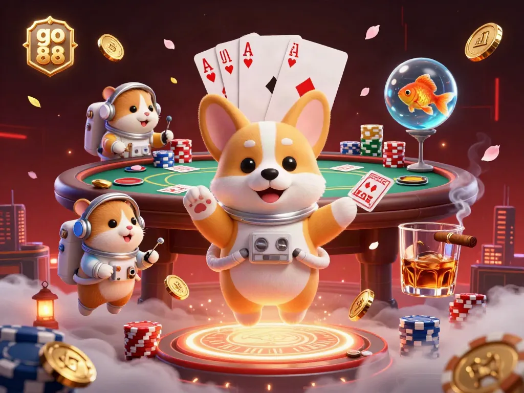 Experience the thrill of go 88 in a dynamic casino scene featuring a floating corgi astronaut, poker chips, and vibrant gameplay elements.