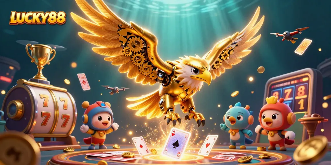 Experience the thrill of LUCKY88 as the cybernetic eagle dives through vibrant casino elements.