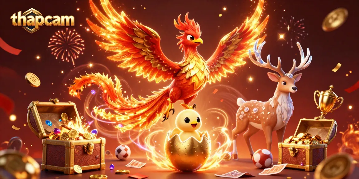 Witness the excitement of thapcam as a phoenix soars through a vibrant gambling world filled with treasure.