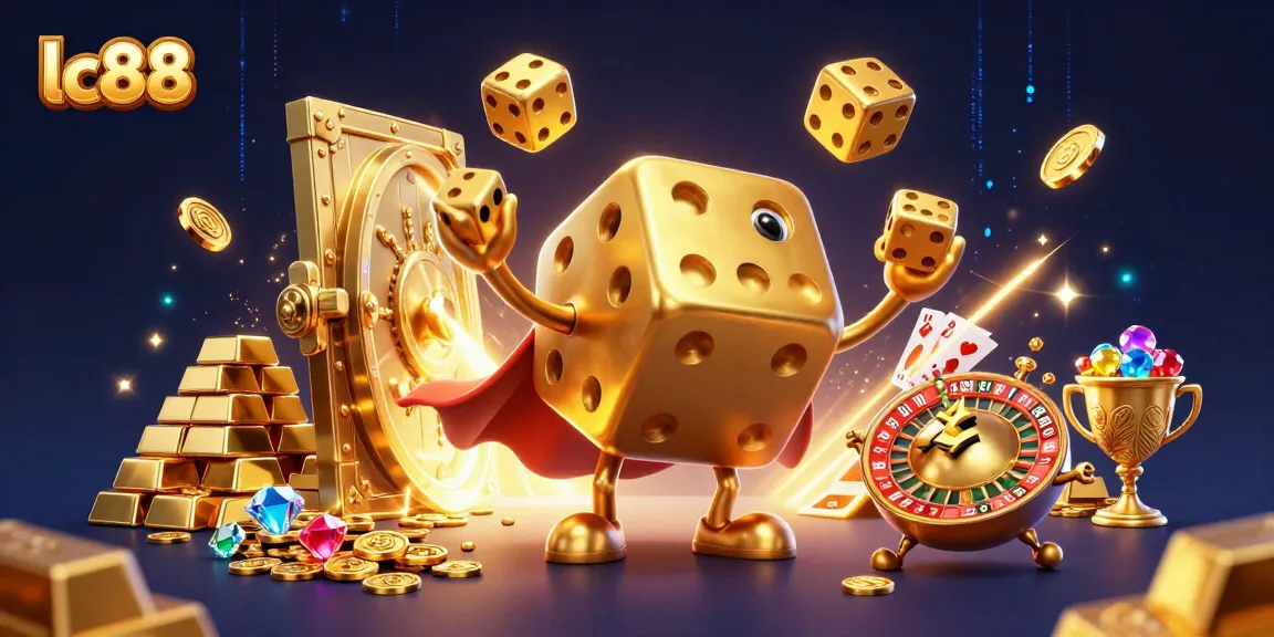 lc88's vibrant casino scene showcases golden dice and treasures in an electrifying gaming atmosphere.