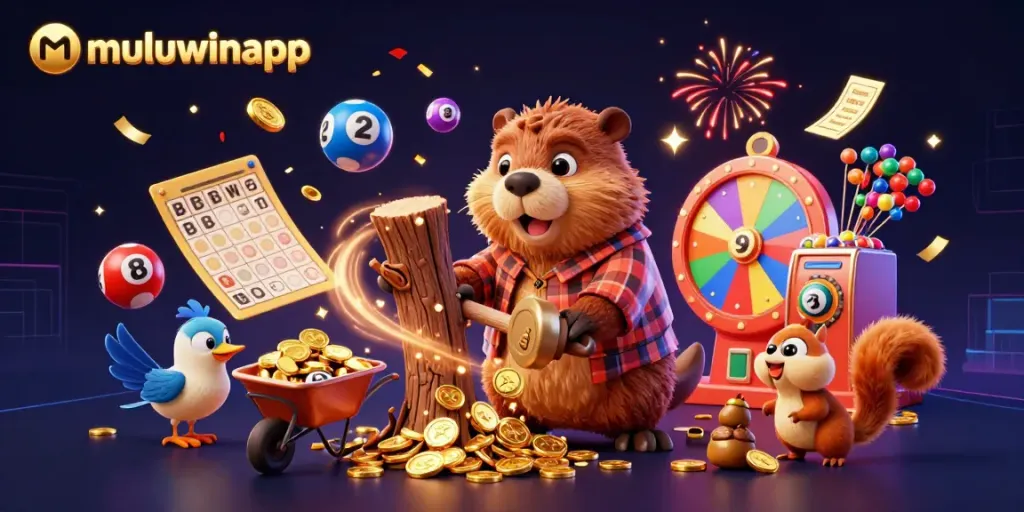 Experience excitement with Muluwinapp as characters gather coins and play vibrant games in a lively atmosphere.