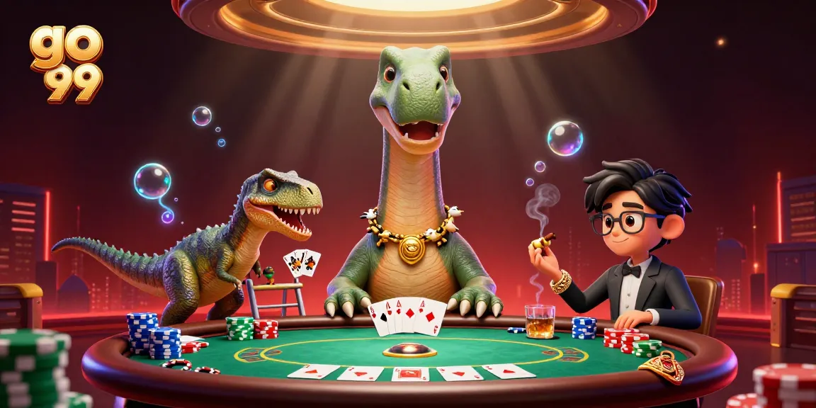 Master poker strategies with go 99 in this dynamic gambling showdown scene featuring a brontosaurus and raptor.