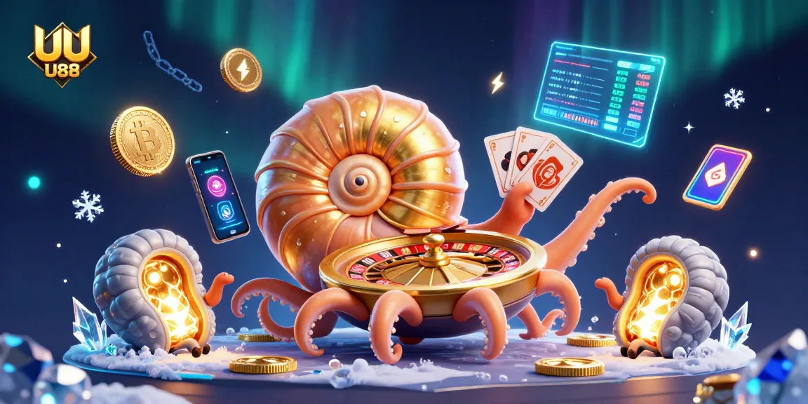 Engage with UU88’s vibrant gaming scene showcasing a nautilus roulette wheel and crypto coins.
