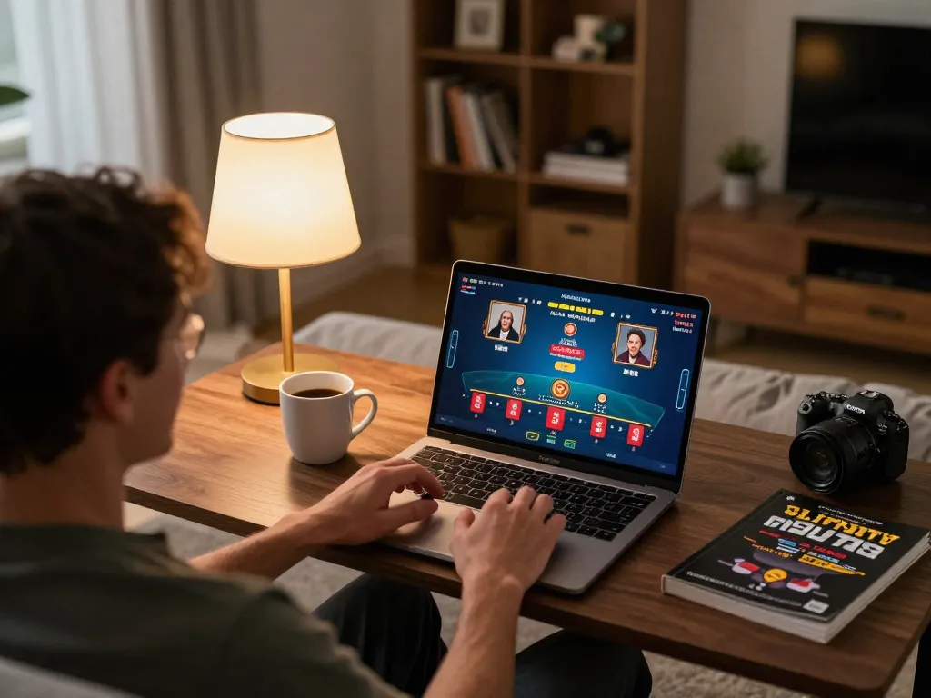 Person enjoying online blackjack at https://nk88.moe/ with warm ambiance and gaming accessories.