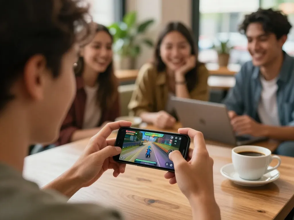 Engaging player enjoying DW8 on mobile device at café, showcasing social gaming atmosphere.