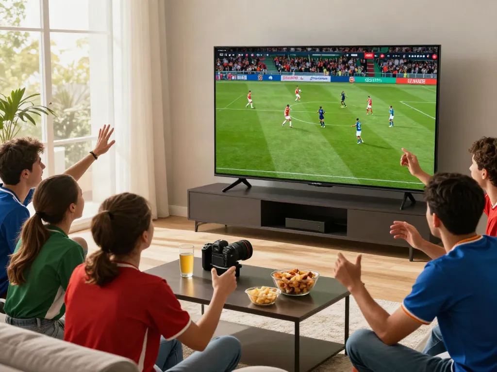 Excited friends watching a live football match on thapcamtv.ac in a cozy living room setting.
