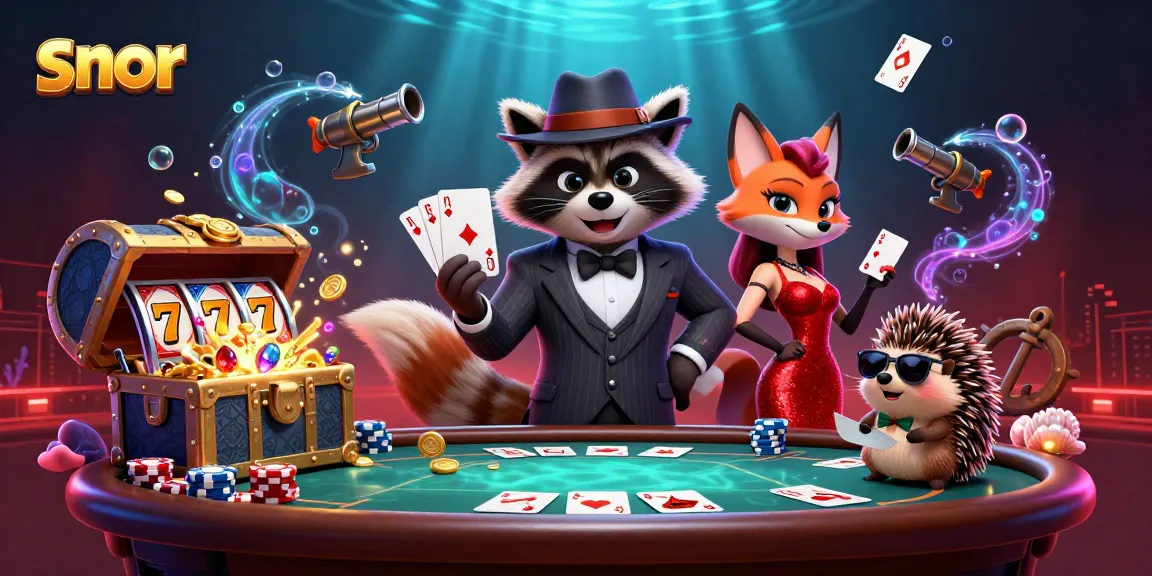 Snor showcases a dynamic illustration with a raccoon, fox, and hedgehog in a casino scene featuring poker and slots.