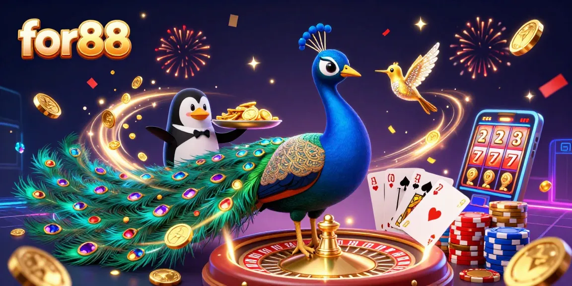Engaging scene depicting for88 with a vibrant 3D peacock, butler penguin, and hummingbird amidst casino elements.