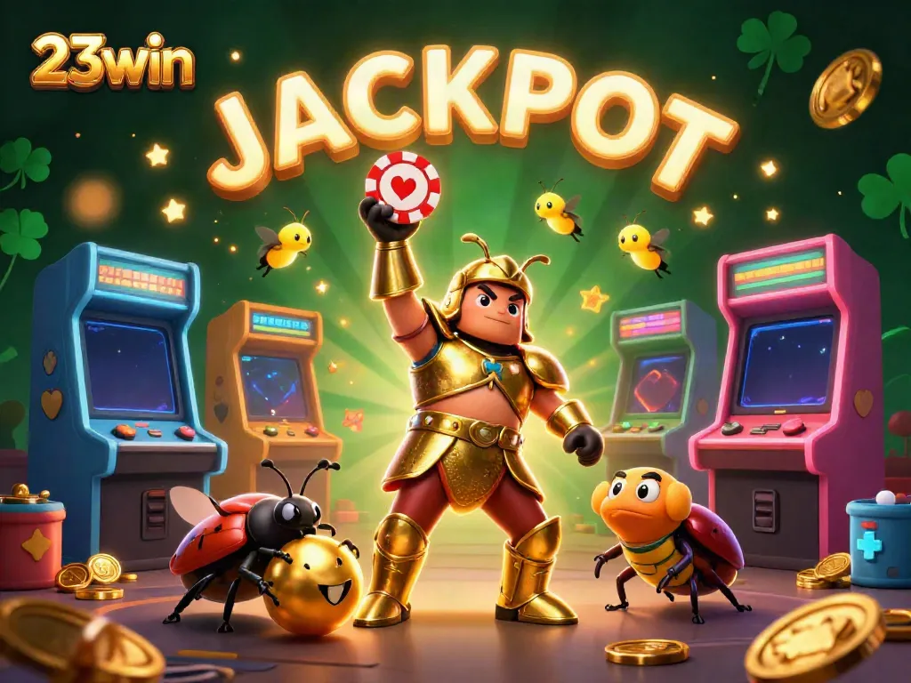 Engage in thrilling gambling adventures with 23win's lively and colorful casino scene featuring victorious characters.