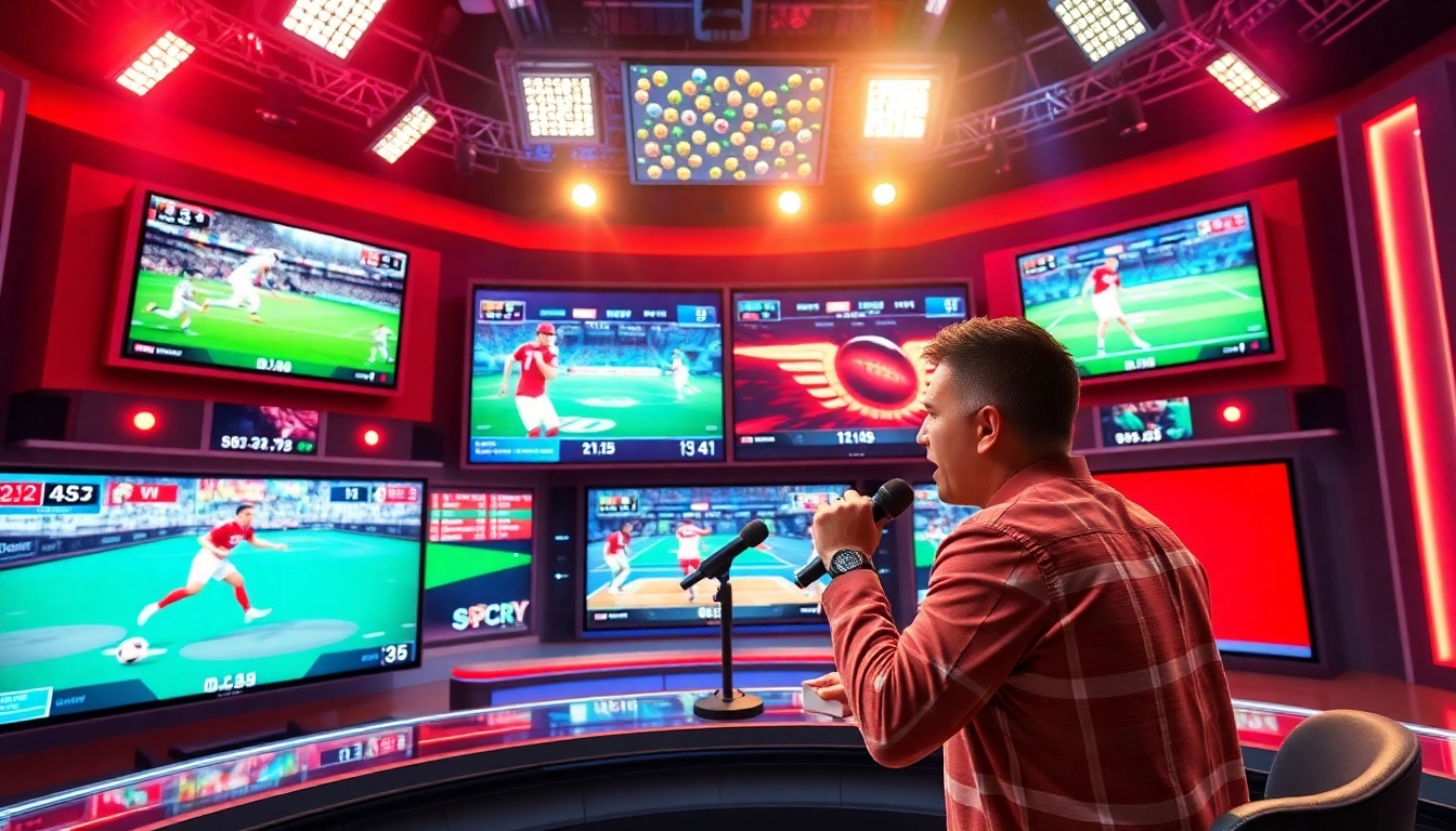 Engaging sports broadcasting scene with host and dynamic visuals highlighting the excitement of sports.