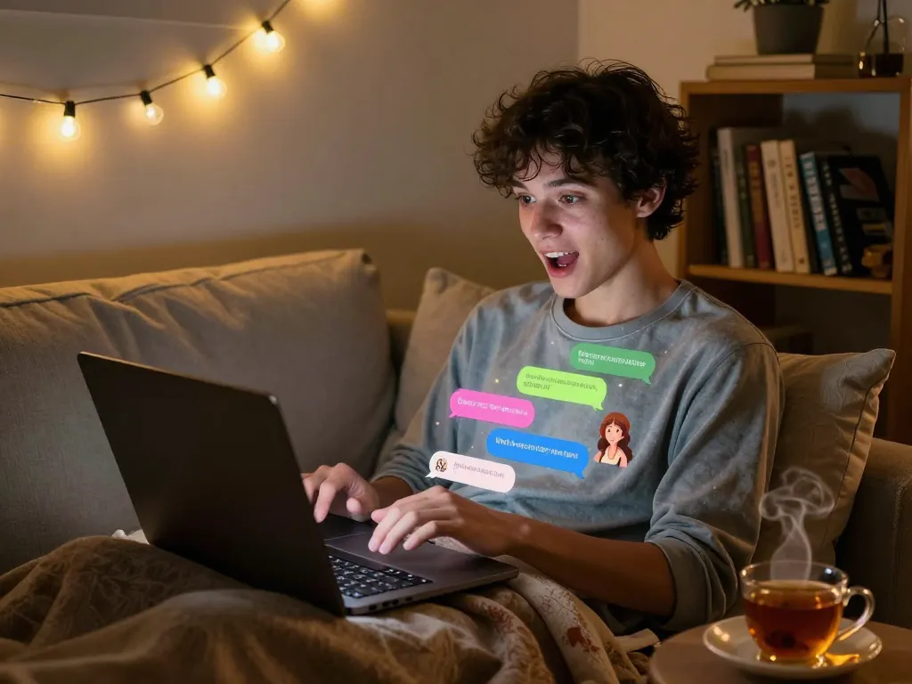 A young adult enjoying an ai 18+ chat in a cozy room with playful expressions and warm ambient lights.