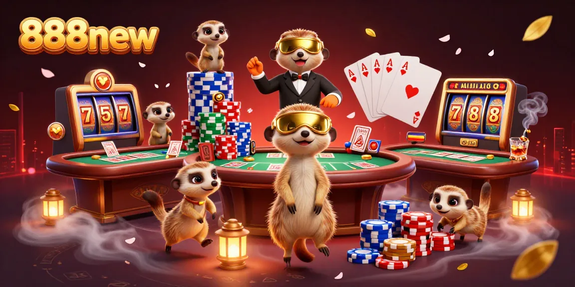 Engage in thrilling 888new casino action with meerkats managing games, showcasing vibrant poker and slot elements.