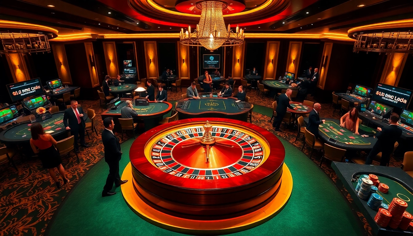Betting at nhà cái red88 with colorful chips, a roulette wheel, and excited gamblers.