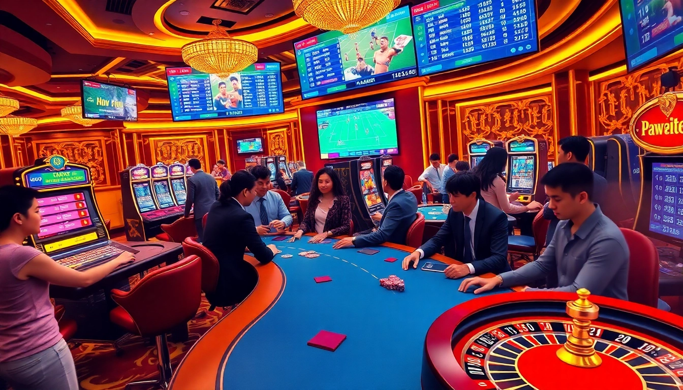 The excitement of gambling with tỷ số tỷ lệ 7m showcased in a vibrant casino setting featuring players at poker tables and slot machines.