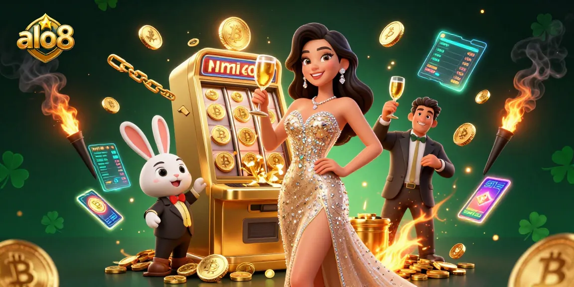 Experience excitement with alo8, a stunning casino scene featuring a glamorous woman celebrating by a golden jackpot machine.