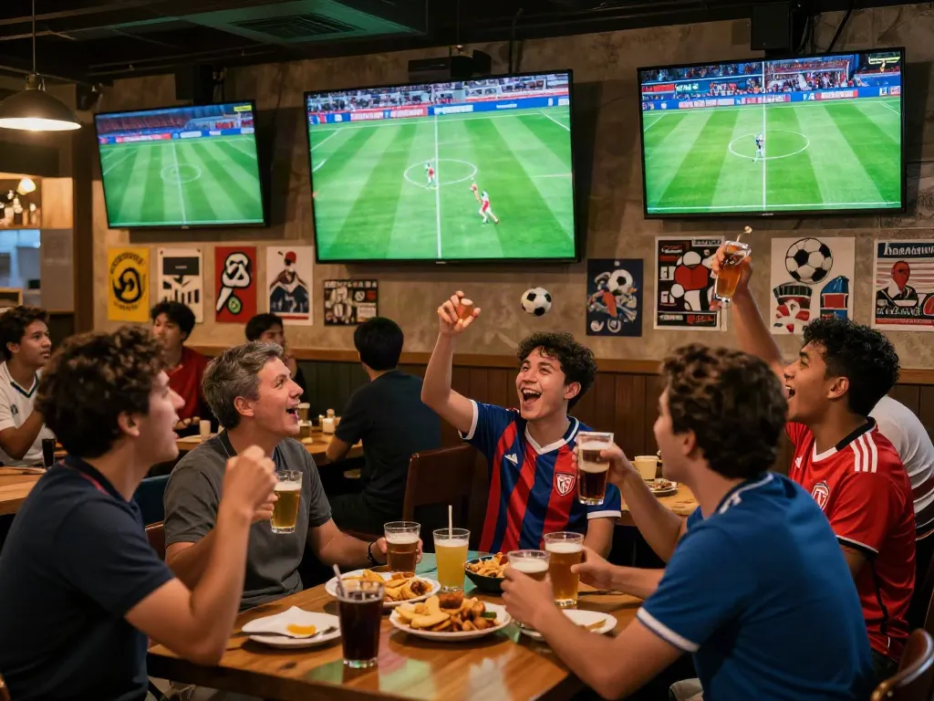 Cakhiatvvn.jpn.com sports fans enjoying a live match in a vibrant bar atmosphere.