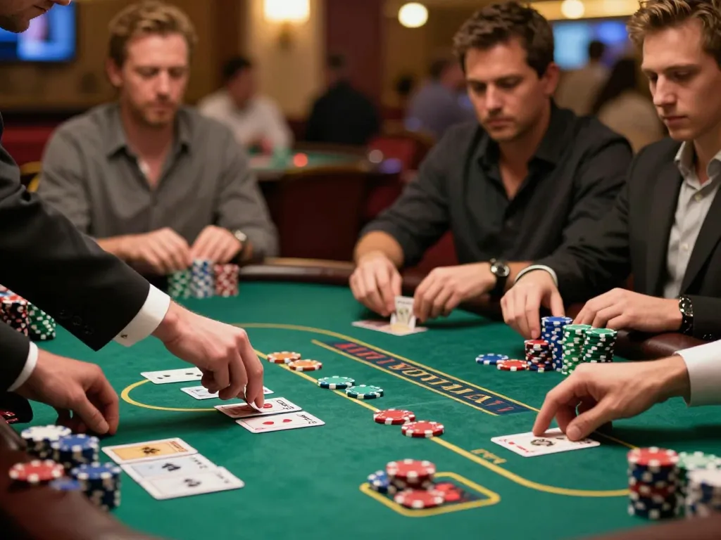 SC88 blackjack players strategizing bets at a vibrant casino table, highlighting excitement and skill.
