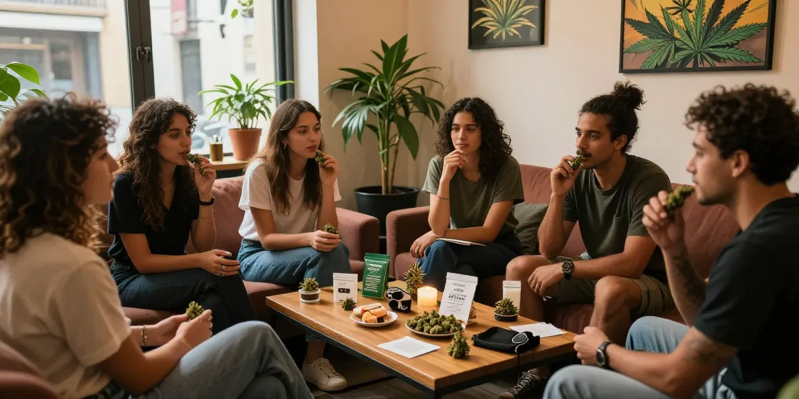 Vänner njuter av cannabis i en social klubb i Barcelona från https://sv.cannabisbcn.com/ med avslappnad atmosfär och goda produkter.