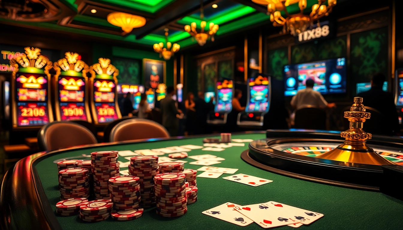 Experience high-stakes gaming at nhà cái tx88 with luxurious casino tables and vibrant slot machines.