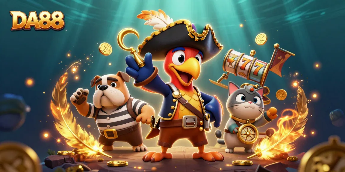 Engage in dynamic casino action with DA88, featuring a pirate captain, bulldog, and cat amidst vibrant gaming elements.