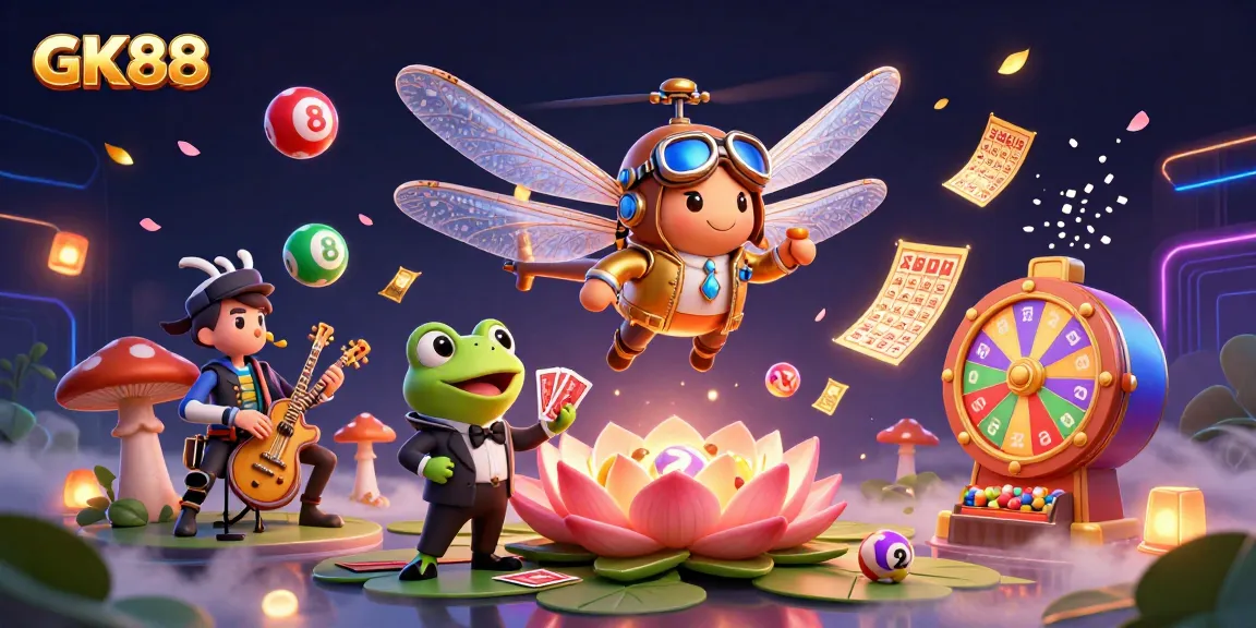 Engage with GK88 while the dragonfly pilot and frog croupier bring casino adventures to life.