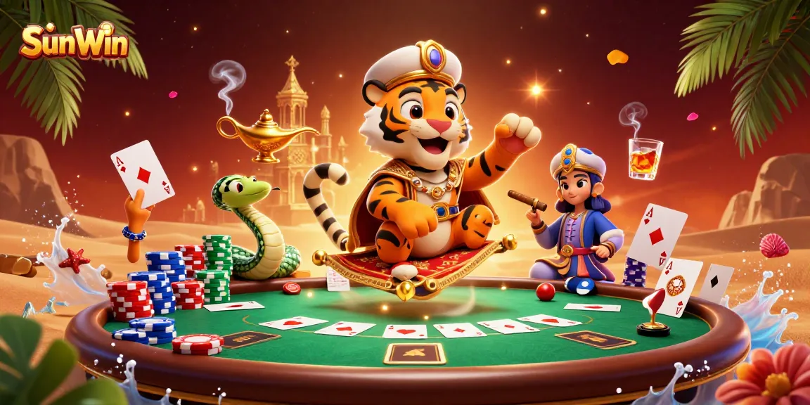 Experience the thrill of SunWin with our vibrant 3D casino scene featuring a tiger sultan, poker chips, and golden riches in play.