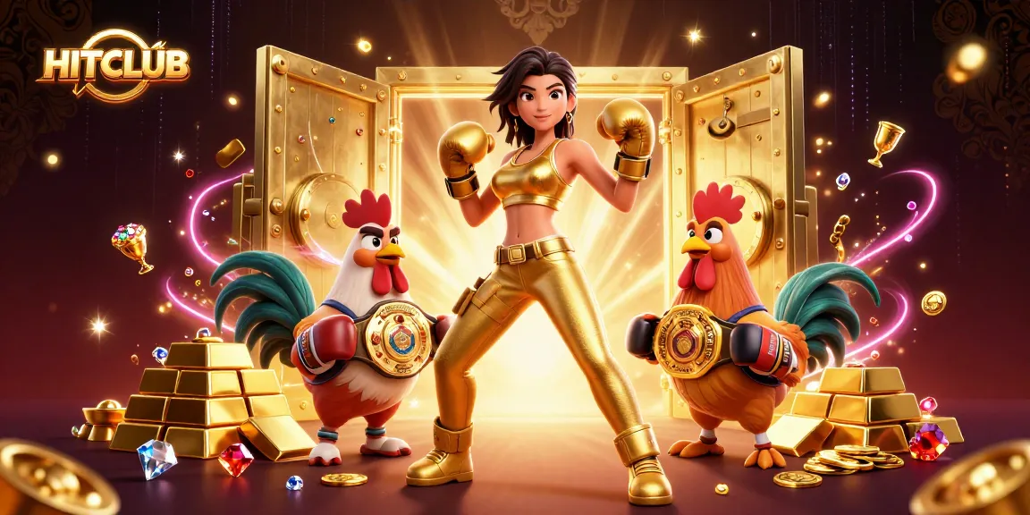 Engaging HITCLUB casino scene featuring a powerful female boxer and championship rooster immersed in treasure.