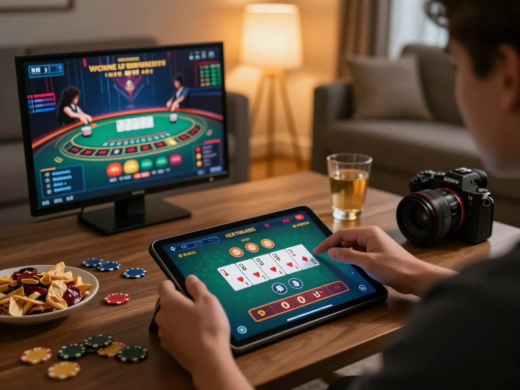 Spelare utforskar casino utan svensk licens på en surfplatta i en mysig hemmiljö.