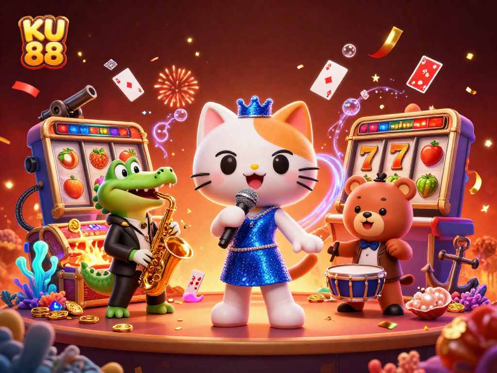 Engage in the thrilling world of KU 88 with vibrant characters on a dynamic casino stage.