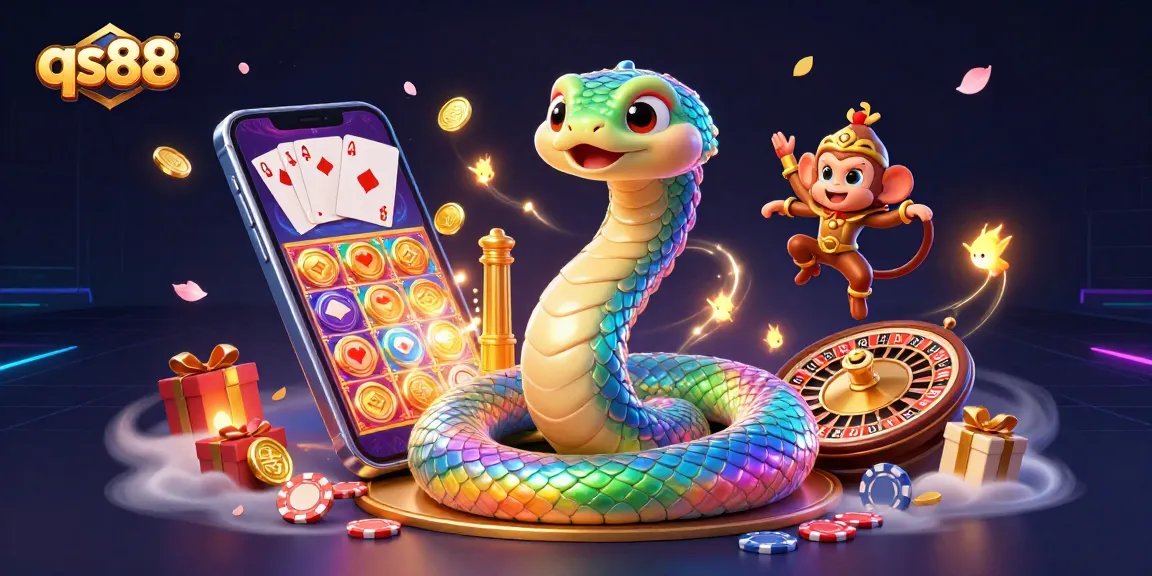 Engage with qs88's thrilling games and dynamic features in this vibrant casino illustration.