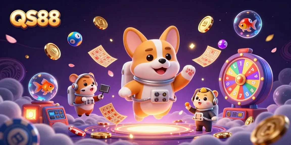 Experience QS88 Casino Fun with an astronaut corgi and gaming elements in a cosmic setting.