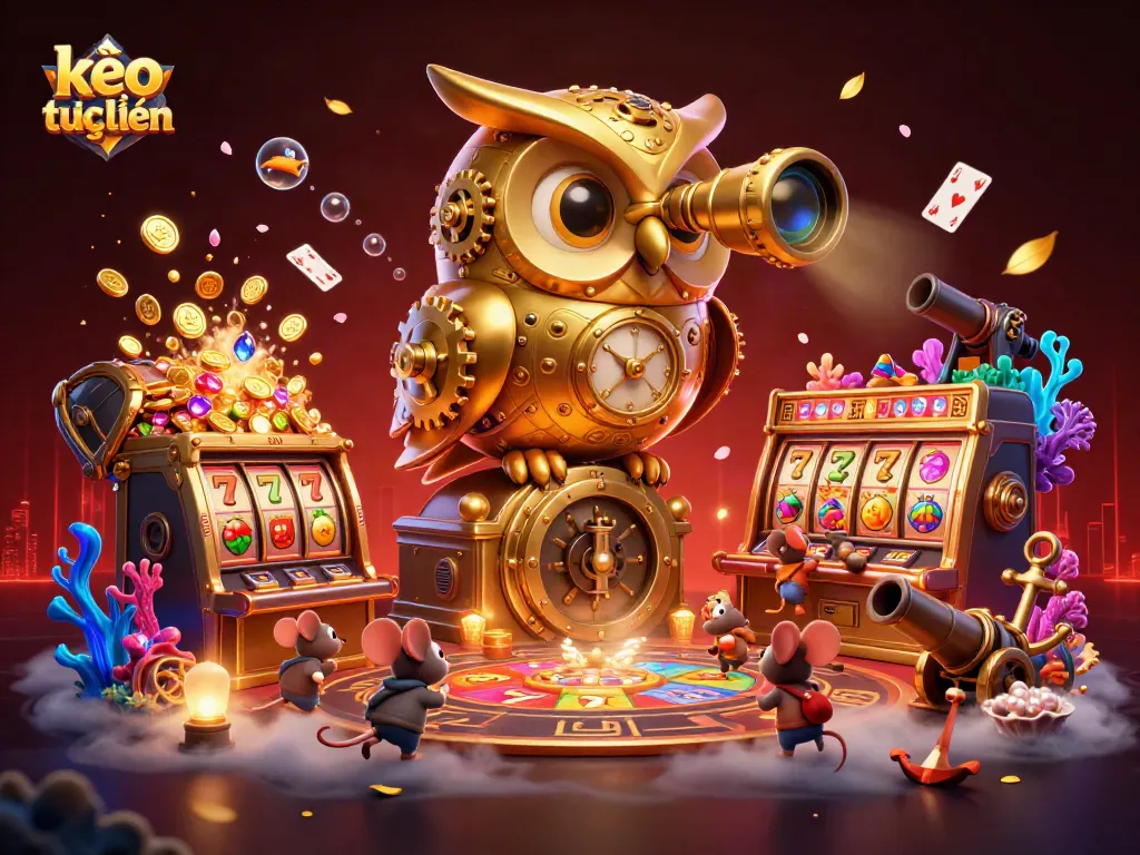 Experience kèo trực tuyến action with a golden owl scanning a lively casino floor packed with treasures and excitement.