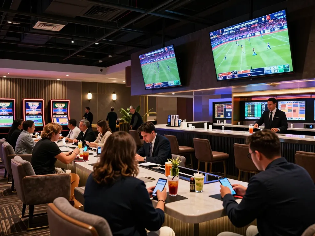 Experience the excitement of sports betting at Link 11bet in a stylish casino lounge.
