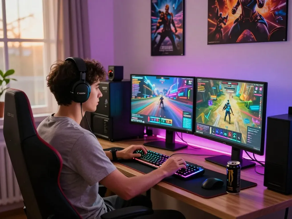 Engaging gamer immersed in online betting at https://luck8g.net with dual monitors showcasing vibrant game graphics.