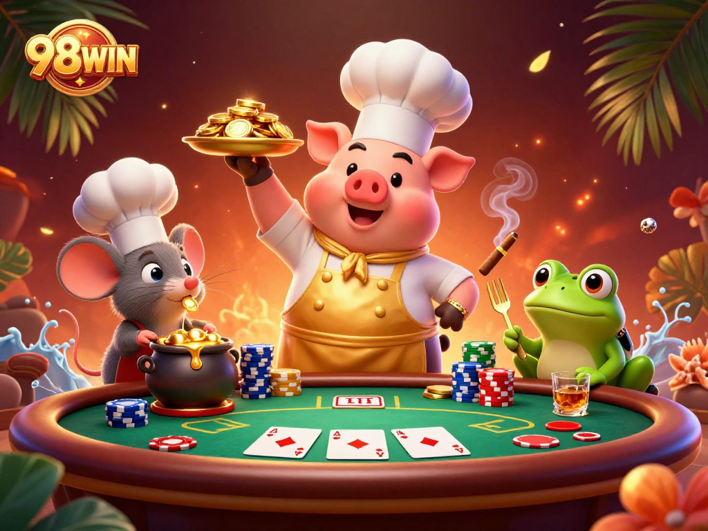 Experience thrilling gambling at 98WIN with gold coins and poker excitement in an engaging scene.