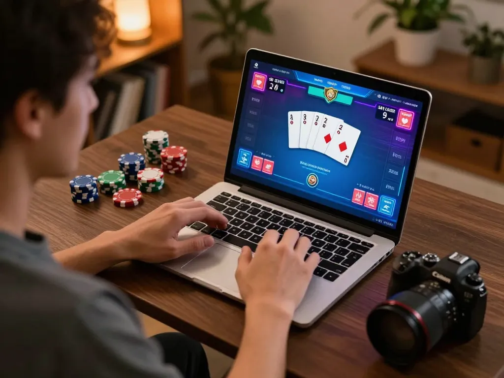 An intense online poker session on a laptop at home, showcasing ue88.com gameplay and strategic focus with chips and cards.