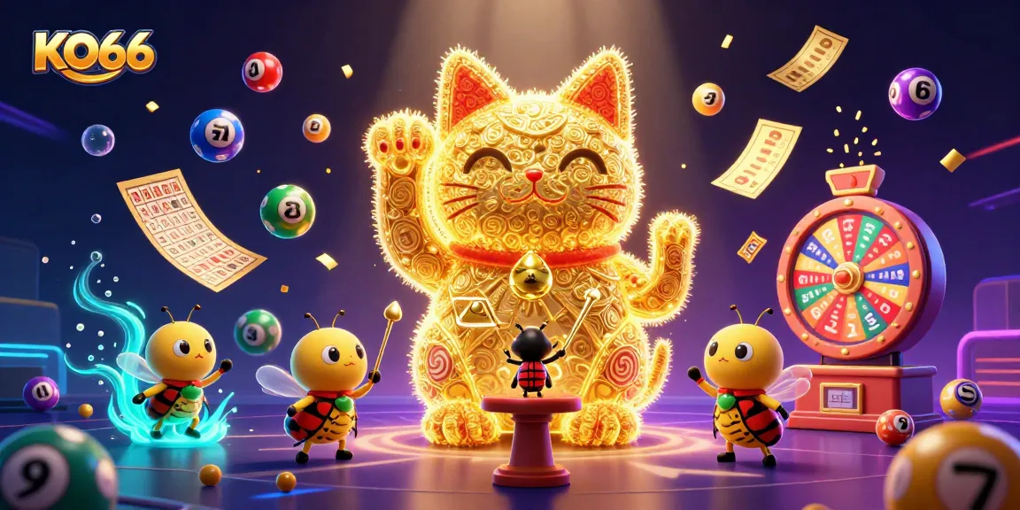Experience the exhilarating KO66 excitement with a lucky cat and dynamic casino symbols in a vibrant 3D scene.