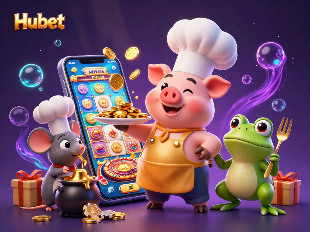 Engage in exciting gameplay with Hubet's colorful slot games featuring golden coins erupting from a smartphone screen.