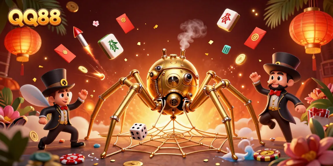 Experience QQ88's thrilling casino atmosphere with a golden spider and playful gaming elements.