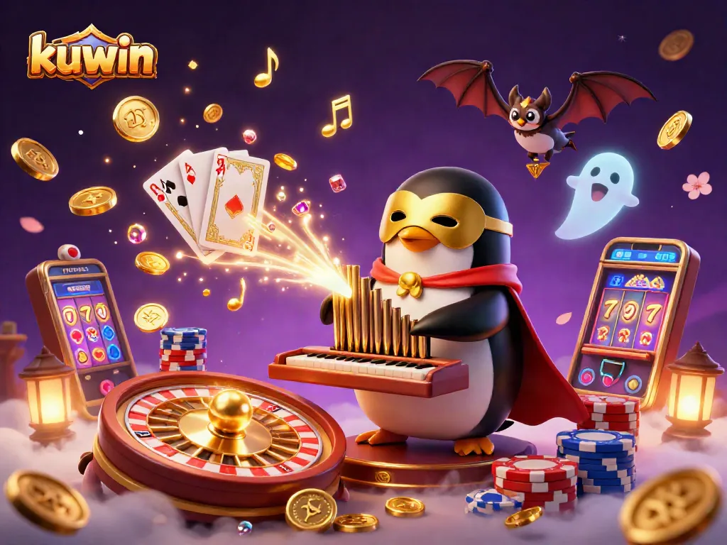 Kuwin offers thrilling gaming experiences with golden coins cascading and jackpot symbols appearing in a lively casino scene.