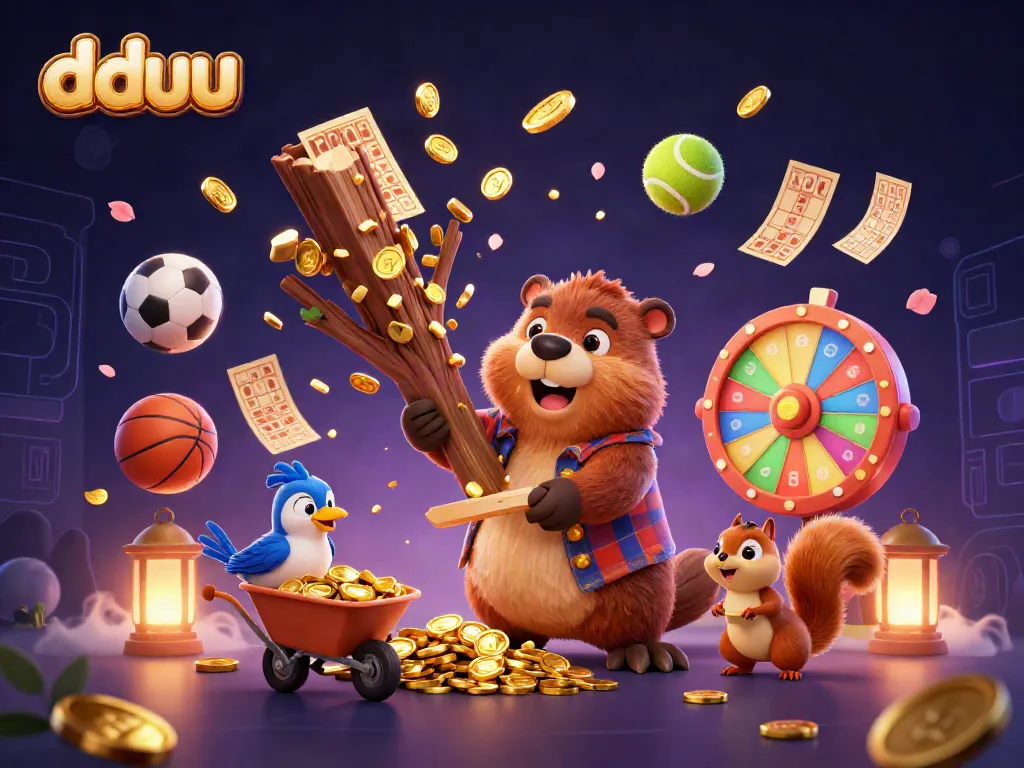 Experience spirited gaming fun with dduu featuring a beaver, bird, and squirrel amidst a vibrant scene of sports and prizes.