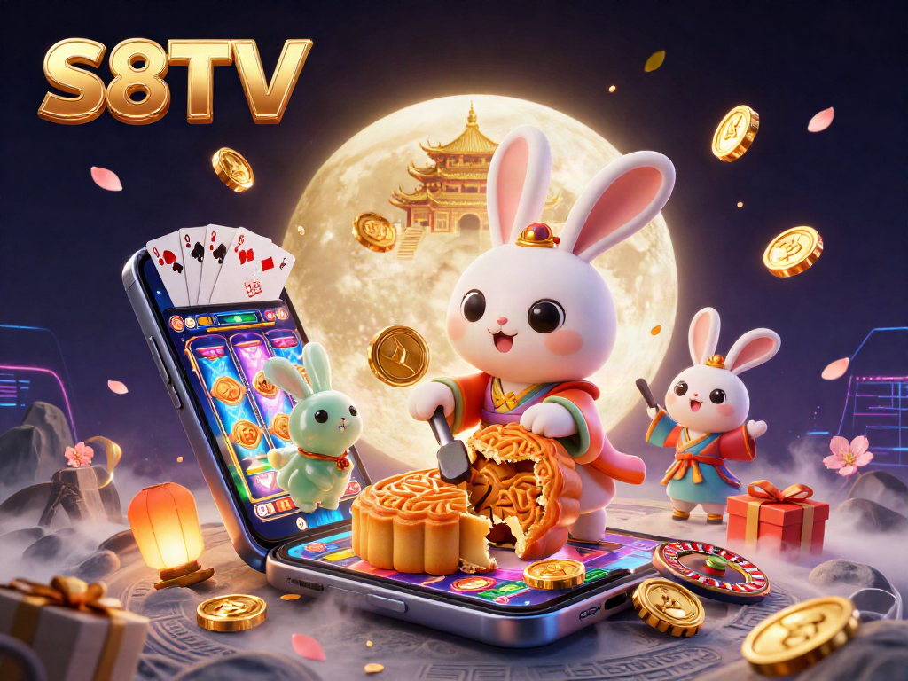 S8TV showcases a lively scene with folk characters celebrating casino games on the moon.