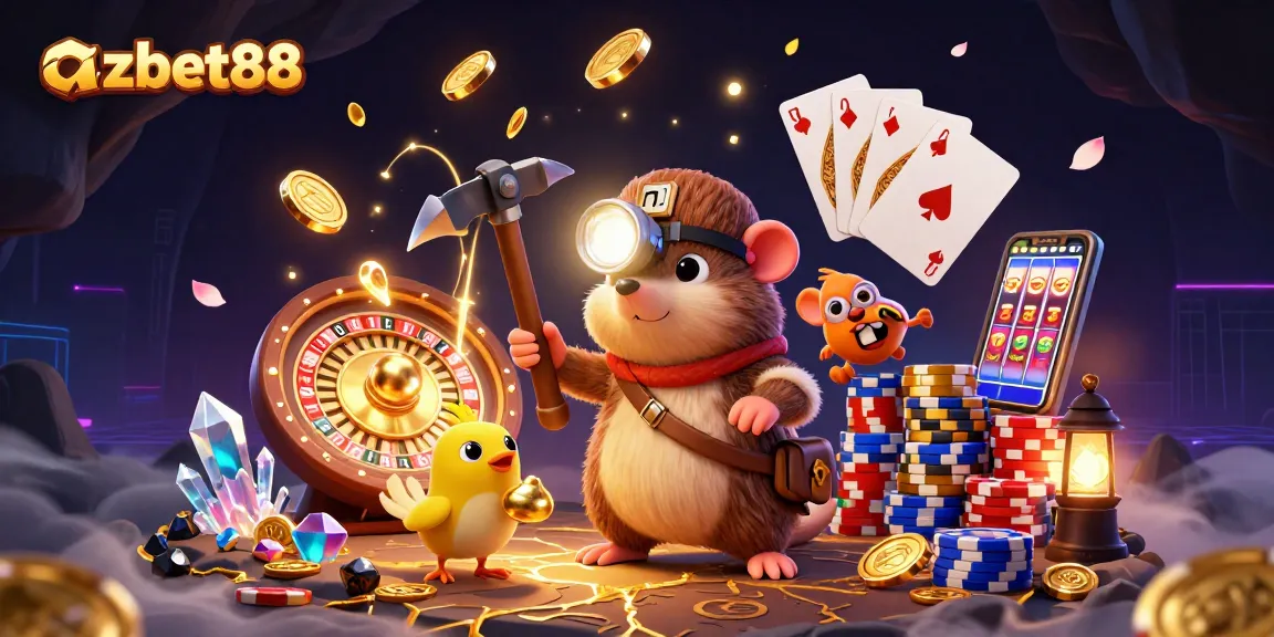 Experience the excitement with azbet88 as treasures and gems surround a treasure hunter in a casino-themed adventure.