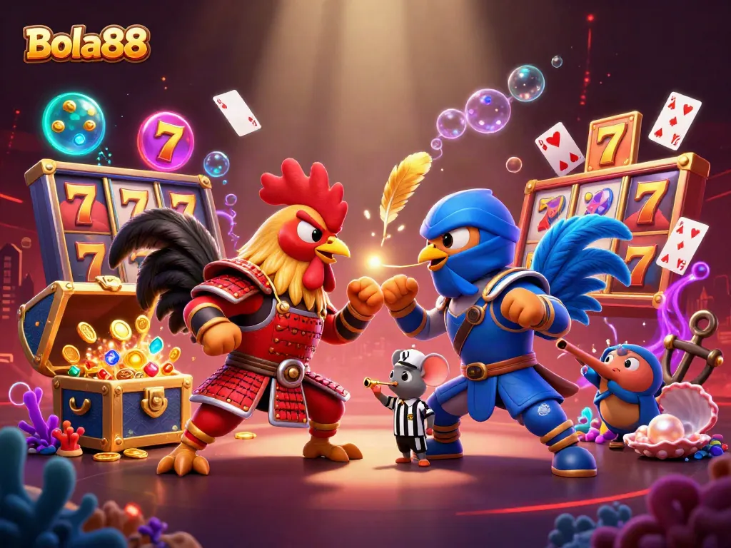 Bola88 showcases a thrilling rooster duel in an exciting casino-themed environment with slots and vibrant colors.