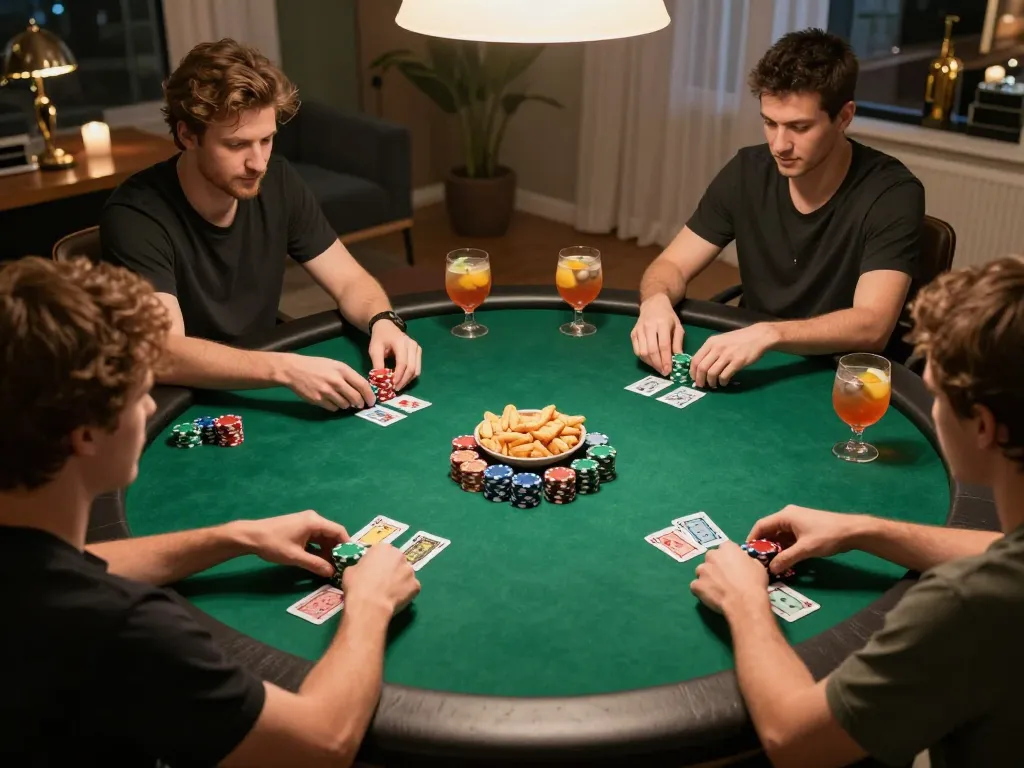 Players enjoying competitive poker session at home, showcasing vibrant gameplay action with qrcodegenerator1 elements presented in the game setup.