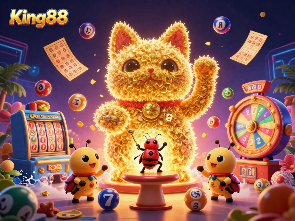 Experience King88's gaming excitement with a vibrant lucky cat illustration filled with casino joys.