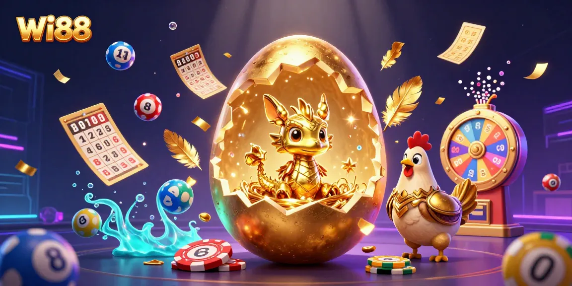 Engage in thrilling gameplay at Wi88 with vibrant lottery balls and golden prizes in a dynamic casino scene.