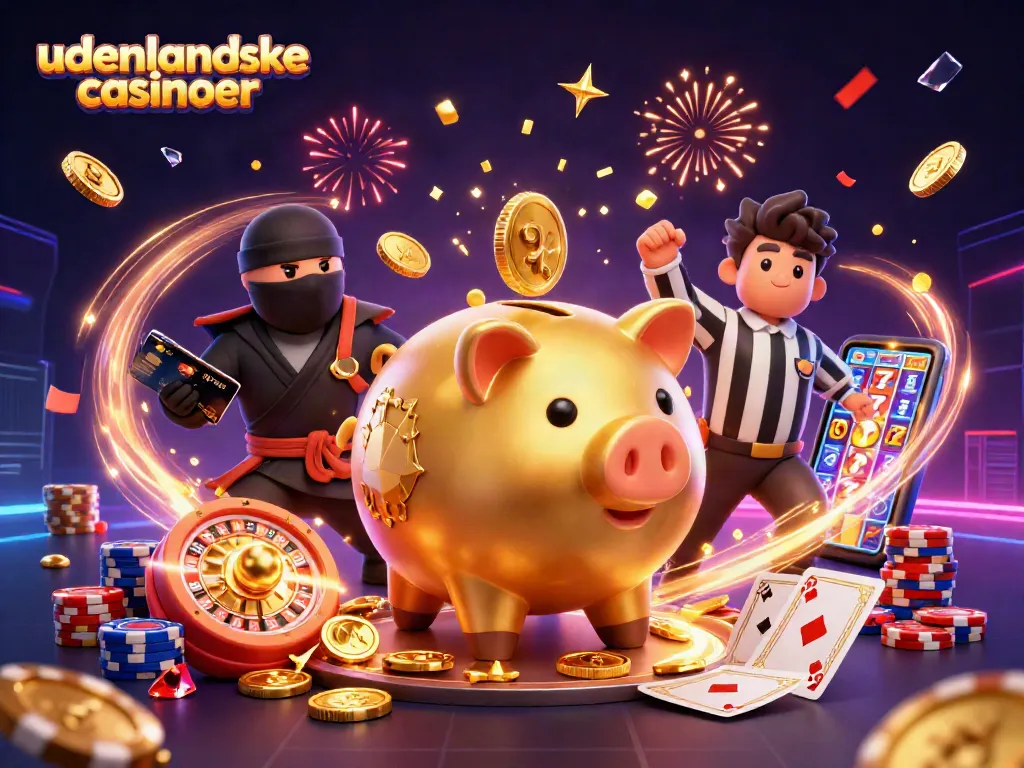 Engaging scene of udenlandske casinoer featuring a golden piggy bank sumo wrestler and dazzling gaming elements.