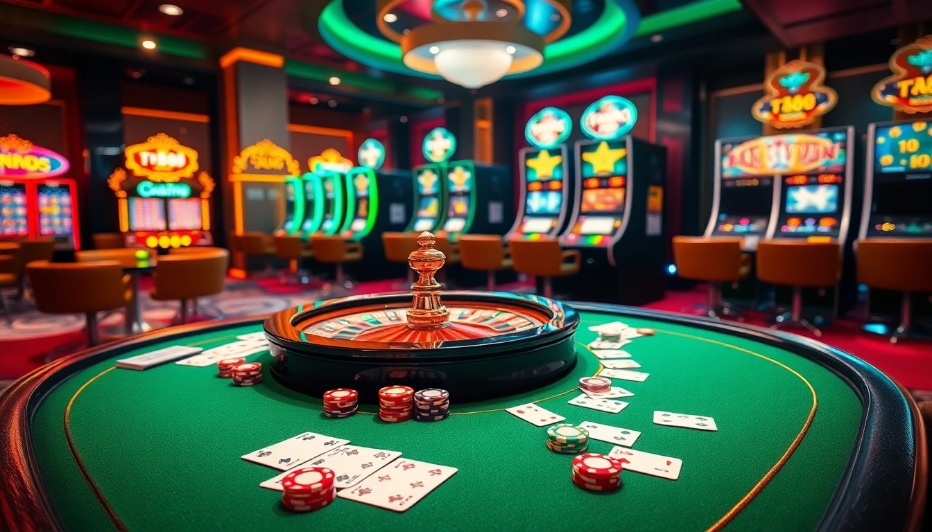 Engage in high-stakes gambling at nhà cái fb88's professional casino with vibrant poker table and roulette wheel.