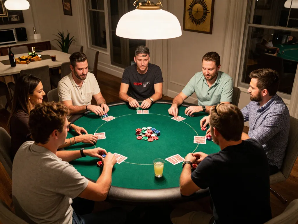 Players enjoying a friendly poker night at home with okfun gaming ambiance and snacks.